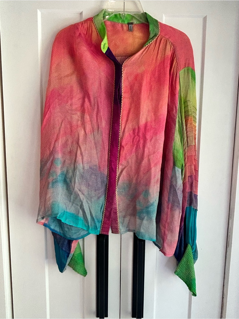 Anthropologie Bl-nk Miranda Peasant Blouse tie-dye print pleated balloon sleeves